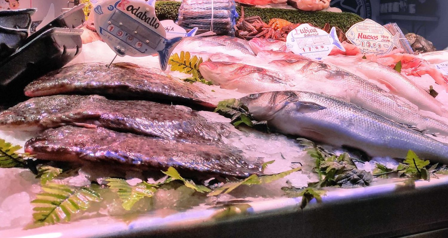 Rodaballo y lubina salvaje sobre hielo en el mostrador de Pescadería Maragato